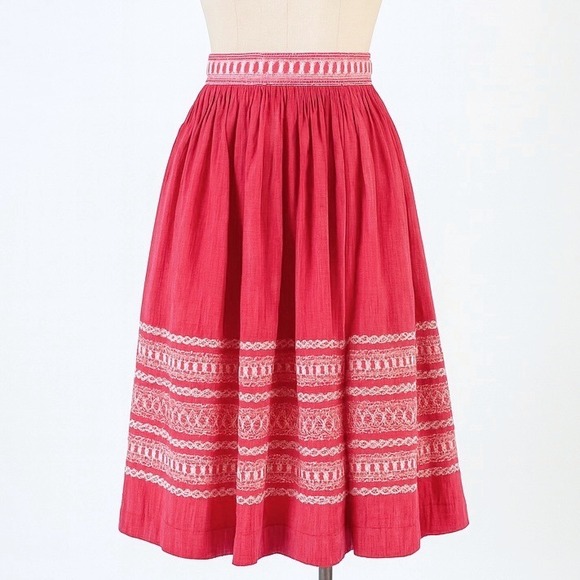 Vintage Handwoven Cas Cer Mexican Patio Skirt Small Pink White Embroidered 50s - Picture 1 of 14
